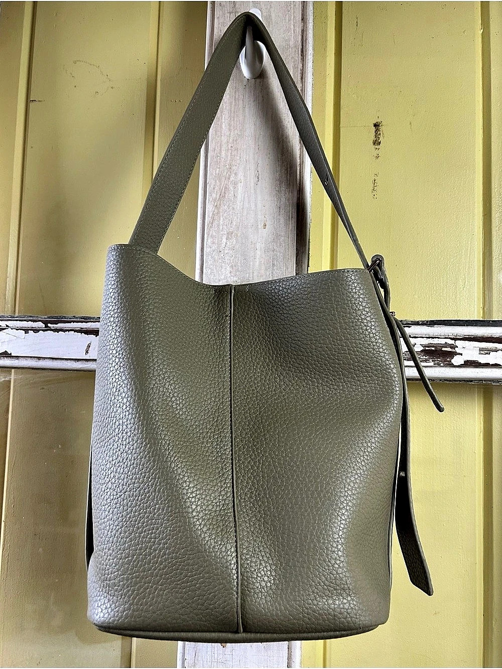 Pebbled Shoulder Bucket Purse in Sage Green